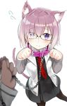  animal_ears black_dress black_legwear blush cat_ears cat_tail chain collar dress fate/grand_order fate_(series) flying_sweatdrops glasses hair_over_one_eye highres jacket leash long_sleeves looking_at_viewer mamehamu mash_kyrielight necktie pantyhose paw_pose pink_collar purple_eyes purple_hair short_hair simple_background solo_focus tail white_background 