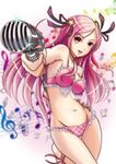  bass_clef beamed_eighth_notes beamed_sixteenth_notes bikini black_ribbon eighth_note eighth_rest foreshortening frilled_bikini frills groin hair_ornament hair_ribbon long_hair looking_at_viewer lucia_(pangya) microphone mokerou musical_note navel open_mouth pangya pink_bikini pink_hair quarter_note red_eyes ribbon sharp_sign sixteenth_note solo star star_hair_ornament swimsuit thigh_gap thirty-second_note treble_clef 