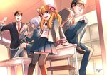  2girls angry black_hair blush bound bound_wrists creator_connection crossover desk gekkan_shoujo_nozaki-kun grey_hair highres komatsuna_(nanamarin7) kurosaki_mafuyu multiple_boys multiple_girls nozaki_umetarou orange_hair oresama_teacher purple_eyes rouman_academy_uniform saeki_takaomi sakura_chiyo school_uniform smile tsurime 