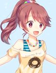  blush brown_eyes brown_hair clothes_writing doughnut food hair_ornament idolmaster idolmaster_cinderella_girls jewelry long_hair necklace off_shoulder open_mouth ponytail shiina_noriko simple_background smile solo suzuaki_(angelic-sh) upper_body 