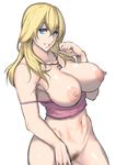  blonde_hair blue_eyes bottomless breasts camisole grin jewelry large_breasts long_hair looking_at_viewer navel nipples original pendant pepe_(jonasan) pubic_hair shirt_pull simple_background smile solo white_background 