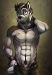  2017 anthro bare_chest black_hair canine clothed clothing fuckie fur green_eyes hair looking_at_viewer male mammal muscular muscular_male solo wolf 