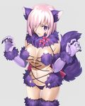  animal_ears blush breasts chietori dangerous_beast elbow_gloves fate/grand_order fate_(series) fingernails fur_trim gloves hair_over_one_eye halloween_costume large_breasts mash_kyrielight navel purple_eyes purple_hair revealing_clothes ribbon sharp_fingernails short_hair simple_background solo thighhighs wolf_ears 