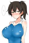  alternate_costume arms_at_sides bare_arms bare_shoulders black_hair blue_swimsuit blush breasts brown_eyes closed_mouth collarbone covered_nipples frown hair_between_eyes kaga_(kantai_collection) kantai_collection large_breasts looking_at_viewer nose_blush one-piece_swimsuit poshi_(ginmokusei) side_ponytail solo swimsuit upper_body 