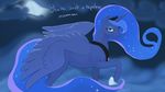  2017 arareroll blue_feathers cutie_mark english_text equine feathered_wings feathers female feral friendship_is_magic full_moon hair hi_res horn long_hair looking_at_viewer mammal moon my_little_pony outside princess_luna_(mlp) solo text winged_unicorn wings 