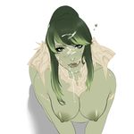  1:1_aspect_ratio aerolae au_ra breasts cum cum_on_mouth facial final_fantasy final_fantasy_xiv freckles green_eyes green_hair green_skin heart horns kneeling licking_lips looking_at_viewer nipples nude ponytail scales semen_on_hair smile steffydoodles tied_hair tongue white_background 