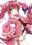  alternate_costume armband blush gloves green_eyes hair_ornament looking_at_viewer mary_skelter mizunashi_(second_run) open_mouth oyayubihime_(mary_skelter) pink_hair solo twintails 