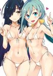  absurdres ahoge aqua_eyes arm_around_waist ass_visible_through_thighs bikini black_hair breasts cameltoe collarbone contrapposto detexted eyebrows_visible_through_hair front-tie_bikini front-tie_top green_hair groin hair_between_eyes hair_over_one_eye hair_ribbon hand_on_another's_hip hayashimo_(kantai_collection) heart highres kantai_collection kiyoshimo_(kantai_collection) long_hair looking_at_viewer medium_breasts micro_bikini multiple_girls navel open_mouth ponytail ribbon scan side-tie_bikini simple_background small_breasts smile standing stomach swimsuit takaharu thigh_gap third-party_edit v very_long_hair white_background white_bikini yellow_eyes 