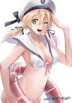  ;d artist_name bikini blonde_hair bottomless breasts cleavage commentary_request cosplay dated dutch_angle eyebrows_visible_through_hair front-tie_bikini front-tie_top green_eyes hair_between_eyes hair_ribbon hat innertube kantai_collection long_hair low_twintails medium_breasts navel one_eye_closed open_mouth prinz_eugen_(kantai_collection) ribbon sailor_bikini sailor_collar salute signature simple_background smile solo swimsuit twintails ugeppa white_background white_bikini white_hat z3_max_schultz_(kantai_collection) z3_max_schultz_(kantai_collection)_(cosplay) 