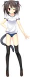  ;q absurdres animal_ears black_legwear blue_buruma brown_hair buruma cabbage_soft cat_ears cat_tail double_bun full_body gym_uniform hand_on_hip highres hoshikoi_tinkle korie_riko loafers looking_at_viewer narusegawa_nagi official_art one_eye_closed shoes short_hair short_sleeves skinny solo tail thighhighs tongue tongue_out transparent_background 