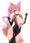  1girl animal_ear_fluff animal_ears bangs black-framed_eyewear black_choker blush bodysuit bow breasts brown_hair choker collarbone commentary_request covered_navel cowboy_shot eyebrows_visible_through_hair fate/grand_order fate_(series) fox_ears fox_shadow_puppet fox_tail glasses hair_between_eyes hair_bow hands_up hip_vent large_breasts long_hair looking_at_viewer natsuki_(ukiwakudasai) open_clothes pink_bow pink_hair ponytail simple_background smile solo standing tail tamamo_(assassin)_(fate) tamamo_(fate)_(all) thighs white_background 