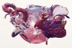  2girls alternate_costume alternate_hair_color alternate_hairstyle breasts elbow_gloves fingerless_gloves high_heels jinx_(league_of_legends) league_of_legends lipstick long_hair magical_girl multiple_girls red_hair sona_buvelle star_guardian_jinx thighhighs tied_hair twintails very_long_hair white_hair 