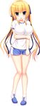  absurdres blonde_hair blue_eyes blush breasts full_body hair_ribbon highres large_breasts long_hair looking_at_viewer official_art open_mouth ribbon sakuragi_roofolet_ashe shirt shoes short_sleeves shorts sneakers solo t-shirt transparent_background twintails utsunomiya_tsumire wagamama_high_spec 