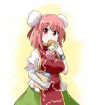  bandaged_arm bandages blush breasts bun_cover carnation double_bun eating flower food hamburger ibaraki_kasen kousei_(public_planet) large_breasts looking_at_viewer pink_hair plump red_eyes short_hair skirt solo tabard thorn_print touhou 