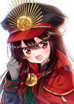  aiguillette backlighting bangs black_hair blunt_bangs cloak commentary_request family_crest fang fate_(series) gloves grey_gloves hair_between_eyes hand_up hat koha-ace long_hair looking_at_viewer military military_uniform mitsuba_choco oda_nobunaga_(fate) oda_uri open_mouth peaked_cap red_eyes simple_background smile solo swept_bangs uniform upper_body white_background 
