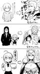  age_progression ahoge alexander_(fate/grand_order) artoria_pendragon_(all) artoria_pendragon_(lancer) aura bangs blouse blush braid breasts cape child child_gilgamesh cleavage comic crown directional_arrow fate/grand_order fate/stay_night fate/zero fate_(series) gilgamesh greyscale hair_between_eyes highres kanno_takanori large_breasts long_hair lord_el-melloi_ii monochrome multiple_boys open_mouth rider_(fate/zero) saber skirt smile swept_bangs translated waver_velvet younger 