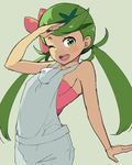  ;d apron bare_shoulders blush breasts dark_skin eightman flower green_eyes green_hair grey_background hair_flower hair_ornament long_hair looking_at_viewer mao_(pokemon) one_eye_closed open_mouth overalls pink_shirt pokemon pokemon_(game) pokemon_sm salute shirt sideboob simple_background sleeveless sleeveless_shirt small_breasts smile solo trial_captain twintails 