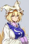  bangs blonde_hair blush breast_hold breasts closed_mouth commentary_request fox_tail frills from_side hair_between_eyes hands_in_opposite_sleeves hat highres large_breasts long_sleeves looking_at_viewer looking_to_the_side multiple_tails pillow_hat poshi_(ginmokusei) short_hair smile solo tabard tail tassel touhou wide_sleeves yakumo_ran yellow_eyes 