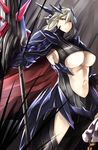  &gt;:( armor armored_dress armpits artoria_pendragon_(all) artoria_pendragon_(lancer_alter) breasts cleavage closed_mouth commentary_request cowboy_shot elusya fate/grand_order fate_(series) from_side frown gauntlets hair_between_eyes head_out_of_frame highres holding holding_weapon horns horseback_riding large_breasts llamrei_(fate) long_hair looking_at_viewer looking_to_the_side midriff navel pauldrons rhongomyniad riding serious silver_hair solo stomach turtleneck underboob v-shaped_eyebrows weapon yellow_eyes 
