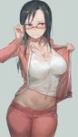  adjusting_eyewear belly_peek black_hair blush breasts cleavage collarbone cowboy_shot demi-chan_wa_kataritai glasses grey_background groin highres jacket large_breasts long_hair looking_away midriff navel open_clothes open_jacket purple_eyes red-framed_eyewear satou_sakie semi-rimless_eyewear simple_background solo track_jacket track_suit under-rim_eyewear yohan1754 