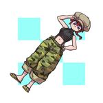  1girl blue_eyes braid camouflage camouflage_pants crop_top full_body genderswap hat midriff navel ranma-chan ranma_1/2 red_hair ribbed_sweater saotome_ranma single_braid solo suspenders turtleneck turtleneck_sweater wantan-orz woodland_pattern 