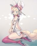  animal_ears ass backless_outfit bee_(deadflow) blonde_hair blue_eyes breasts dress fox_ears fox_girl fox_tail hair_ornament hair_stick last_period looking_at_viewer microdress ofuda red_footwear red_legwear scar shoes sitting sketch small_breasts smile solo tail uuryuu_(last_period) wariza white_dress 