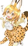  :d animal_ears bad_id bad_pixiv_id bare_shoulders blonde_hair blush bow bowtie claw_pose elbow_gloves gloves highres kemono_friends looking_at_viewer mamehamu open_mouth paw_pose serval_(kemono_friends) serval_ears serval_print serval_tail short_hair simple_background skirt sleeveless smile solo tail thighhighs white_background 