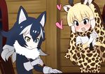  commentary_request fur_collar giraffe giraffe_ears giraffe_horns grey_wolf_(kemono_friends) heterochromia kemono_friends long_sleeves multicolored_hair necktie nekota_susumu official_style pen plaid plaid_neckwear reticulated_giraffe_(kemono_friends) two-tone_hair wolf_ears 