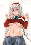  alternate_costume aran_sweater assisted_exposure blue_eyes blush bow bowtie breasts capelet christmas closed_mouth commentary_request cowboy_shot fur_trim green_bow green_neckwear grey_skirt groin hair_between_eyes hat kantai_collection kashima_(kantai_collection) kumoi_takashi large_breasts long_sleeves looking_at_viewer navel nose_blush out_of_frame pov pov_hands santa_hat silver_hair skirt smile solo_focus stomach sweater twintails underboob undressing unraveling 
