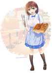  :d ai-chan_(tawawa) apron aqua_eyes bakery basket black_footwear black_legwear blue_bow blue_neckwear blue_skirt bow bowtie braid breasts brown_hair chair commentary_request doughnut food full_body getsuyoubi_no_tawawa gingham green_eyes kneehighs koubeya_uniform large_breasts long_sleeves looking_at_viewer mary_janes nanase_meruchi open_mouth partially_unbuttoned pastry restaurant shirt shoes shop short_hair side_braid signature skirt smile solo standing table tongs twitter_username waitress white_shirt 