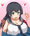  1girl agano_(kantai_collection) black_hair bouncing_breasts breasts gloves green_eyes heart hetero isemagu kantai_collection large_breasts long_hair motion_blur necktie open_mouth paizuri paizuri_under_clothes pleated_skirt school_uniform skirt smile spoken_heart 