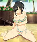  asuka_(senran_kagura) barefoot bikini black_hair blush breasts brown_eyes bursting_breasts cleavage day flower frilled_bikini frills full_body hair_ribbon highres large_breasts legs multicolored multicolored_stripes navel official_art open_mouth outdoors palm_tree ponytail poolside ribbon senran_kagura shiny shiny_skin side-tie_bikini sitting solo striped striped_bikini striped_swimsuit swimsuit teeth thighs tree untied untied_bikini waifu2x wardrobe_malfunction wariza water wet yaegashi_nan 