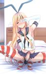  :d armpits bangs black_panties blonde_hair blush commentary_request cosplay elbow_gloves erection erection_under_clothes gloves hairband highleg highleg_panties kantai_collection long_hair male_focus microskirt nose_blush on_bed open_mouth otoko_no_ko panties penis sailor_collar shigemiya_kyouhei shimakaze-kun shimakaze_(kantai_collection) shimakaze_(kantai_collection)_(cosplay) skirt smile solo spread_legs squatting striped striped_legwear thighhighs underwear v_over_eye very_long_hair white_gloves yellow_eyes 