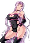  armpits bare_shoulders black_legwear black_panties breasts cleavage commentary_request covered_navel cowboy_shot curvy detached_sleeves facial_mark fate/stay_night fate_(series) forehead_mark garter_straps gloves kumoi_takashi large_breasts long_hair looking_at_viewer panties purple_eyes purple_hair rider solo standing thighhighs underwear very_long_hair 