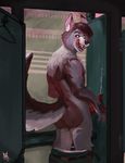  2017 animal_genitalia anthro butt canine clothes_hanger cum digital_media_(artwork) digital_painting_(artwork) dressing_room_(disambiguation) erection knot licking licking_lips male mammal newd nude open)mouth penis solo tongue tongue_out wolf 