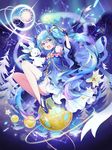  bangs blue_dress blue_eyes blue_gloves blue_hair blush bunny chiericyan commentary_request constellation constellation_print crossed_bangs dress fingerless_gloves floating_hair full_body gloves hair_between_eyes hatsune_miku highres holding holding_wand knees_up legs_apart long_hair looking_at_viewer open_mouth plantar_flexion sidelocks smile snowflakes star star_night_snow_(vocaloid) starry_sky_print teeth twintails very_long_hair vocaloid wand yuki_miku yukine_(vocaloid) 