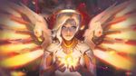  alice_catrinel blonde_hair blue_eyes commentary crying crying_with_eyes_open glowing gold highres lips looking_at_viewer mechanical_halo mercy_(overwatch) nose overwatch parted_lips red_lips solo tears teeth upper_body 