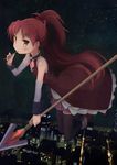  bad_id bad_pixiv_id black_legwear dress eating eyebrows_visible_through_hair food highres holding holding_spear holding_weapon looking_at_viewer mahou_shoujo_madoka_magica okayparium pocky polearm ponytail red_dress red_hair sakura_kyouko solo spear thighhighs weapon yellow_eyes 