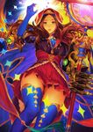  blue_gloves blue_legwear brown_hair elbow_gloves fate/grand_order fate_(series) floating_hair from_below gauntlets gloves grey_eyes holding holding_staff leonardo_da_vinci_(fate/grand_order) long_hair looking_at_viewer parted_lips pleated_skirt red_skirt simosi skirt solo staff star thighhighs zettai_ryouiki 