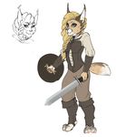  anthro armor clothed clothing feline female fur hair looking_at_viewer lynx mammal melee_weapon mishabahl shield solo standing sword weapon 