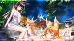  :3 animal_ears bangs bathing black_hair blonde_hair blue_eyes blurry blush breasts closed_eyes collarbone commentary_request depth_of_field embarrassed ezo_red_fox_(kemono_friends) fox_ears hand_on_own_chest hands_on_own_chest head_rest highres kaban_(kemono_friends) kemono_friends long_hair looking_at_viewer medium_breasts mountain multicolored_hair multiple_girls naked_towel night onsen outdoors partially_submerged rock sandstar serval_(kemono_friends) serval_ears shared_bathing short_hair silver_fox_(kemono_friends) sky small_breasts smile soaking_feet star_(sky) starry_sky swordsouls tail towel tree wading water wet yellow_eyes 