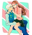  1girl aqua_eyes arm_around_waist breasts brother_and_sister brown_hair cowboy_shot face-to-face finger_to_another's_mouth hair_bobbles hair_ornament index_finger_raised jojo_no_kimyou_na_bouken long_hair looking_at_another multicolored_hair pants pastel_colors perla_pucci pink_hair shirt short_hair siblings silver_hair sitting sitting_on_lap sitting_on_person skirt small_breasts stone_ocean striped striped_background turtleneck twitter_username vest weather_report yyy246 