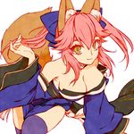  1girl :3 animal_ears arm_support armpits bare_shoulders blue_clothes blue_detached_sleeves blue_legwear blue_ribbon breasts caster_(fate/extra) choker cleavage detached_sleeves fate/extra fate_(series) female fox_ears fox_tail green_eyes hair_grab hair_ribbon japanese_clothes large_breasts long_hair looking_at_viewer pelvic_curtain pink_hair ribbon sash short_hair simple_background smile solo strapless tail thighhighs type-moon white_background wide_sleeves 