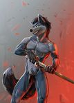  anthro canine dog fire husky mammal marsonaut melee_weapon muscular nude pecs penis pubes scabbard smile sparks sword tuft weapon 