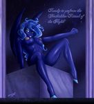  2017 anthro anthrofied areola blue_feathers blue_skin breasts cutie_mark english_text equine feathered_wings feathers female friendship_is_magic hair hi_res horn long_hair looking_at_viewer mammal my_little_pony nipples nude princess_luna_(mlp) seriousb solo text winged_unicorn wings 