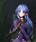  1boy 1girl blood blue_eyes blue_hair braid breasts caster choker cloak coat dress fate/stay_night fate_(series) kuzuki_souichirou long_hair open_mouth pants pointy_ears rain suit 