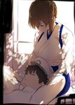  1girl admiral_(kantai_collection) arms_behind_head arms_up bangs blue_skirt blurry breasts brown_hair closed_eyes closed_mouth dappled_sunlight day depth_of_field hakama_skirt hand_on_another's_head hat indoors isshiki_(ffmania7) jacket japanese_clothes kaga_(kantai_collection) kantai_collection kimono lap_pillow long_sleeves looking_at_another looking_down lying medium_breasts military military_uniform on_back one_side_up peaked_cap short_hair side_ponytail sitting sketch skirt sleeping sunlight uniform white_hat white_jacket white_kimono window 