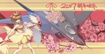  2017 absurdres ahoge aircraft airplane antenna_hair bad_id bad_pixiv_id brown_hair cardcaptor_sakura cherry_blossoms clow_card crown flower full_body fuuin_no_tsue gloves highres j-20 kero kinomoto_sakura liangchanxingmingrixiang looking_at_viewer open_mouth short_hair smile wings 