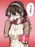  ashigara_(kantai_collection) blush breasts breath brown_eyes brown_hair gift glasses gloves gradient gradient_background hairband highres kantai_collection kuroi_k-ta medium_breasts pink_gloves ribbed_sweater scarf solo sweater translated upper_body 