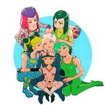  3girls arm_warmers bare_shoulders baseball_cap baseball_uniform blonde_hair blue_eyes bouquet breasts cheek_kiss closed_eyes double_bun emporio_alnino ermes_costello fishnets flower foo_fighters green_eyes green_hair grin hairlocs hand_on_another's_head hat horns indian_style jojo_no_kimyou_na_bouken kiss kneeling kuujou_jolyne long_hair medium_breasts midriff multicolored_hair multiple_boys multiple_girls narciso_anasui one_eye_closed overalls pants pink_hair shoes short_hair simple_background sitting sitting_on_lap sitting_on_person small_breasts smile socks sportswear squatting stone_ocean tank_top turtleneck vest weather_report yellow_eyes yyy246 